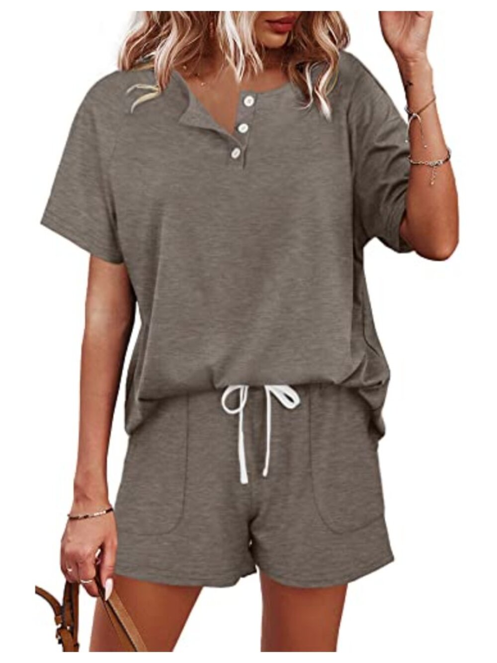 WIHOLL Two Piece Lounge Set Button Down Top & Drawstring Shorts